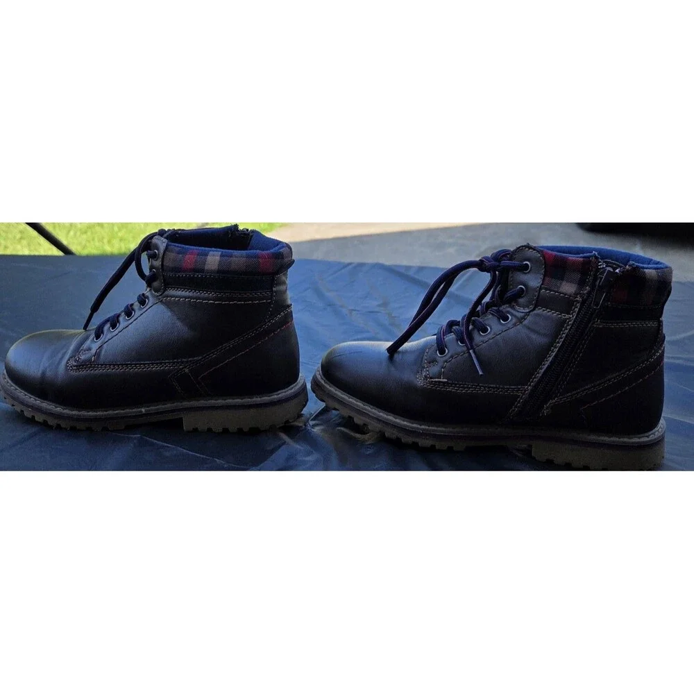 Canyon River Blues Tucker Boys Combat Boots Brown Plaid Zipper Size 5M Scuffed